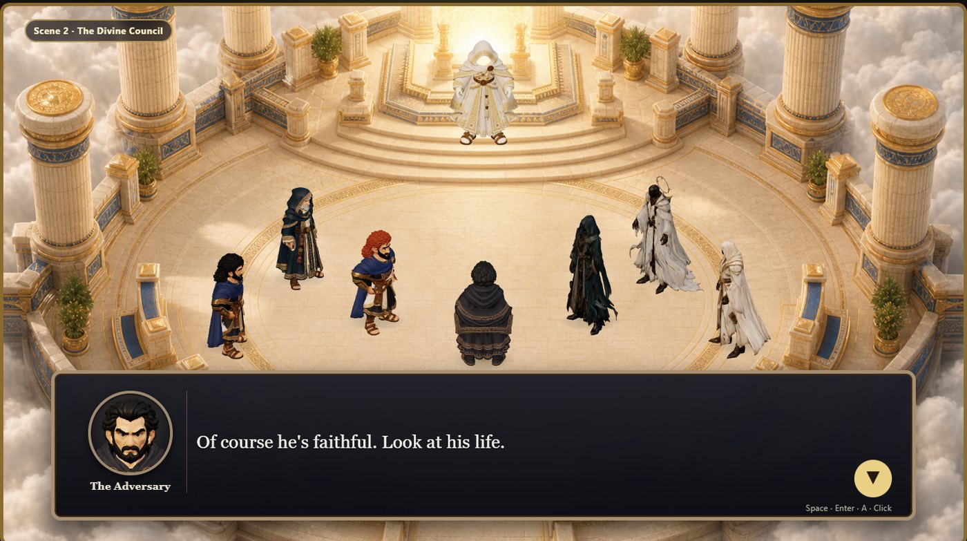 In-game: the divine council assembled in the throne room, the Adversary speaking