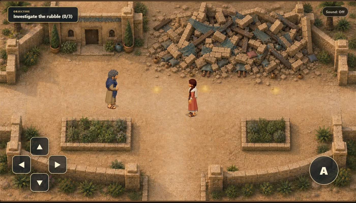 In-game scene: two characters standing before the collapsed house, with the objective 'Investigate the rubble'