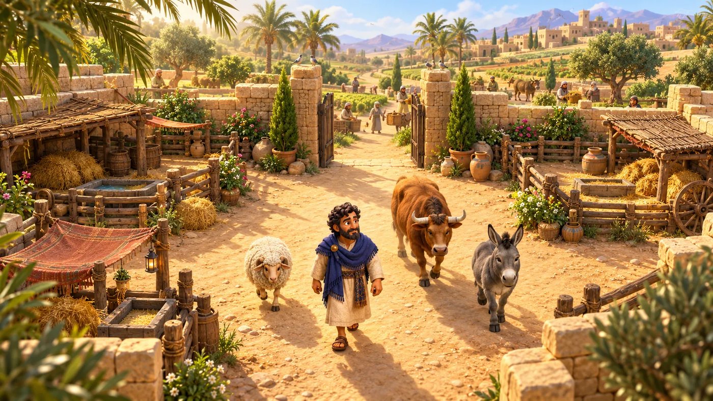 Job walking through his village with his livestock, before the collapse